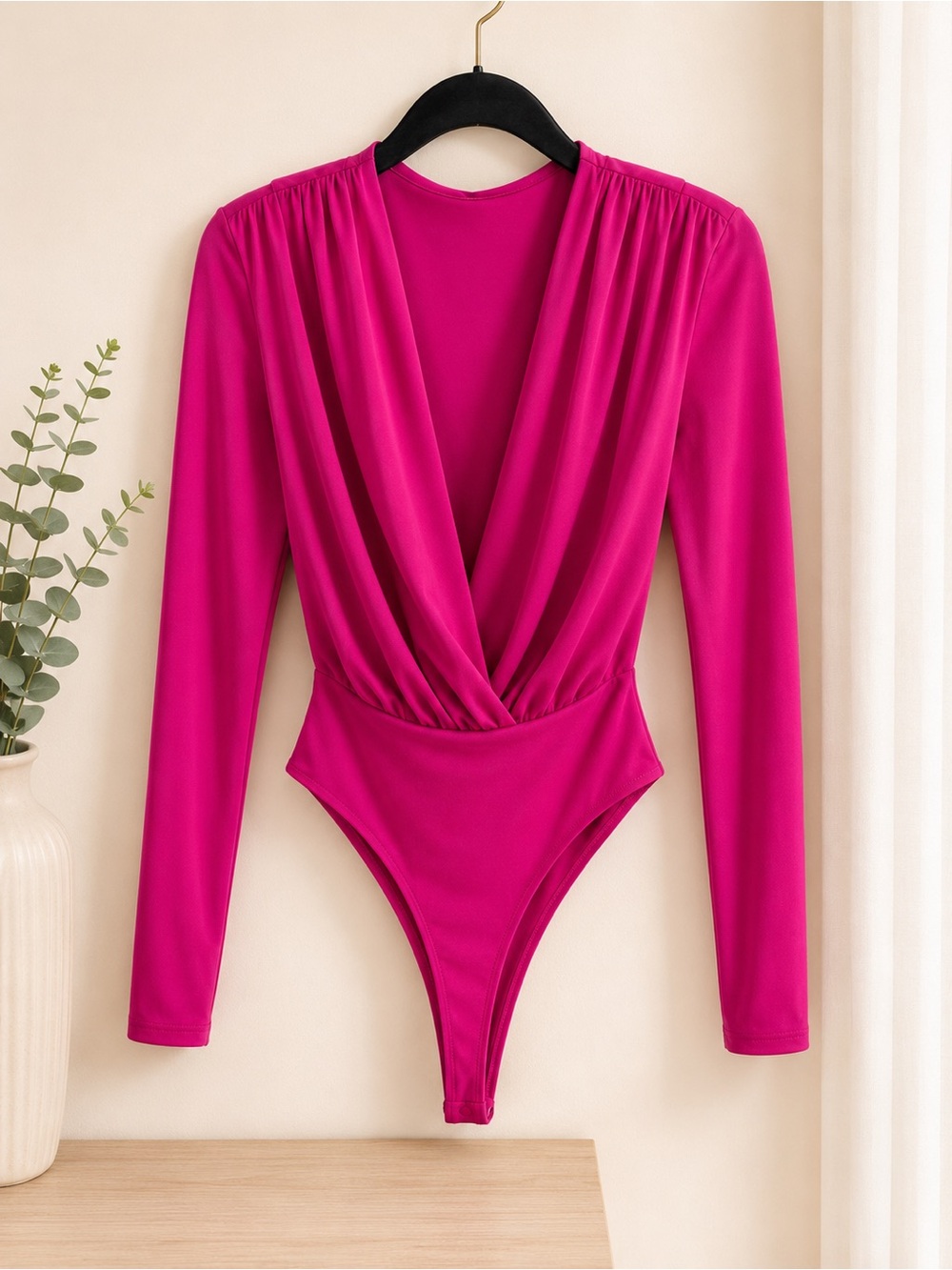 Plunging V-Neck Long Sleeve Bodysuit in Fuchsia